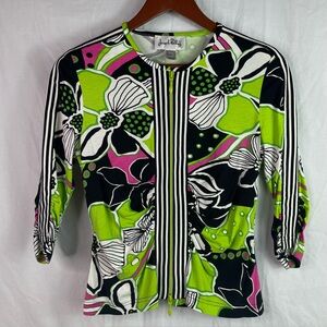 Joseph Ribkoff  Womens Ruched Zip Front Cardigan Top Size 6 Stretch Floral Green